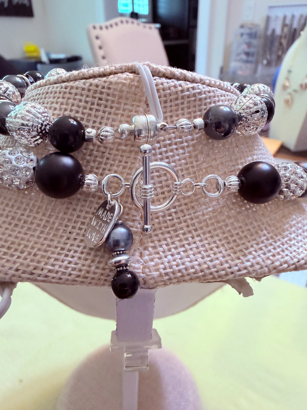 Handmade Black Onyx Shell Jewelry Set With Silver Tone Coastal Accents