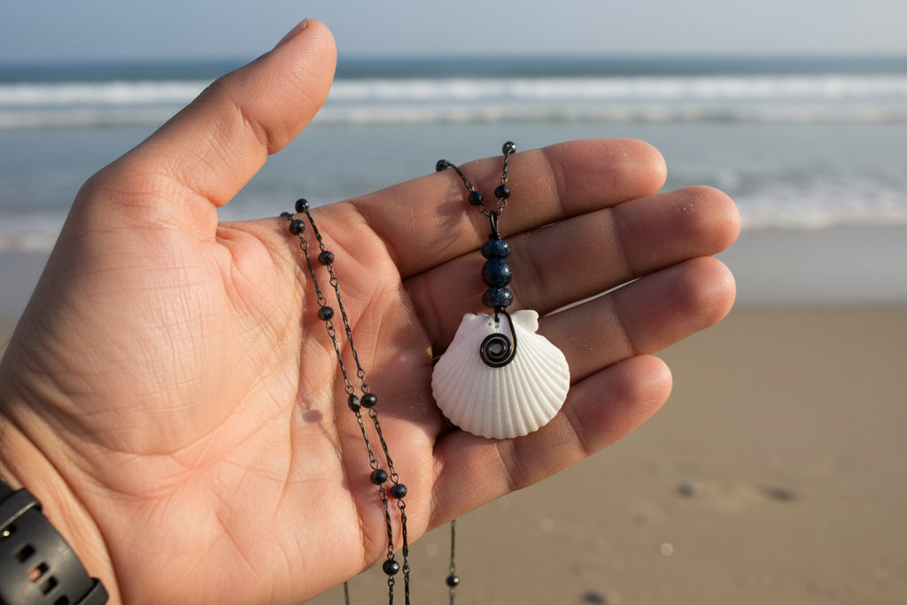 White Tides - White Shell & Black Bead Necklace