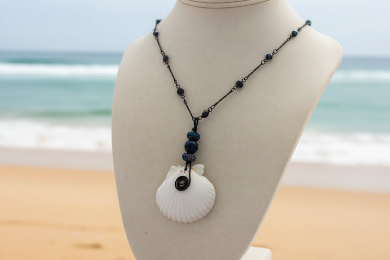 White Tides - White Shell & Black Bead Necklace