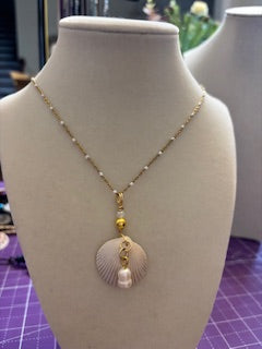 Golden Pearl - White Scallop Shell, Yellow Bead & Pearl Necklace