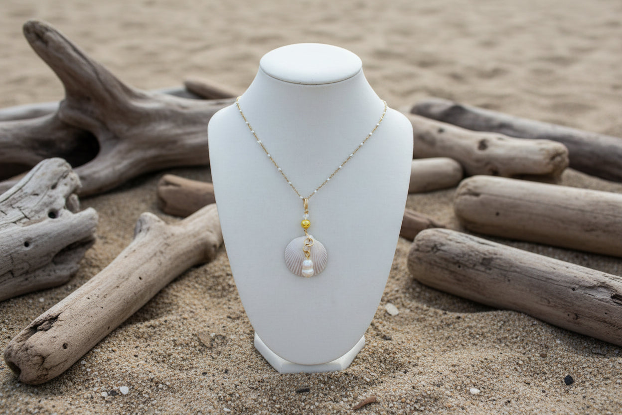 Golden Pearl - White Scallop Shell, Yellow Bead & Pearl Necklace