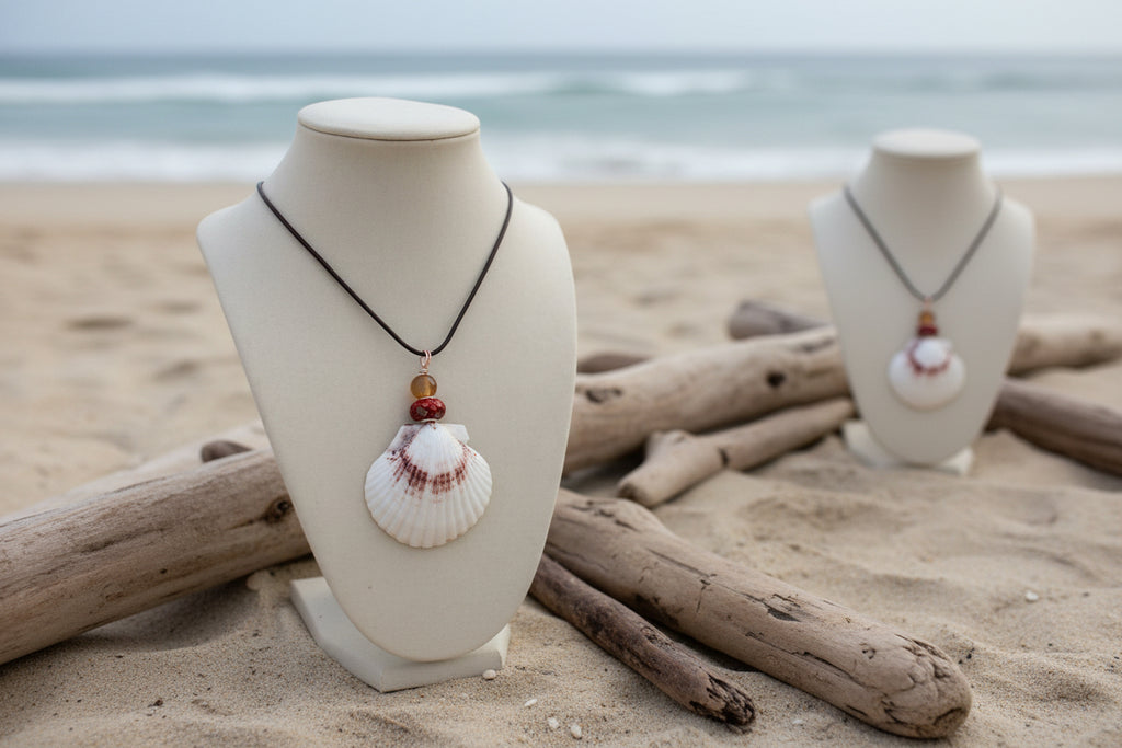 Ruby Shores - White Scallop Shell & Red Bead Necklace