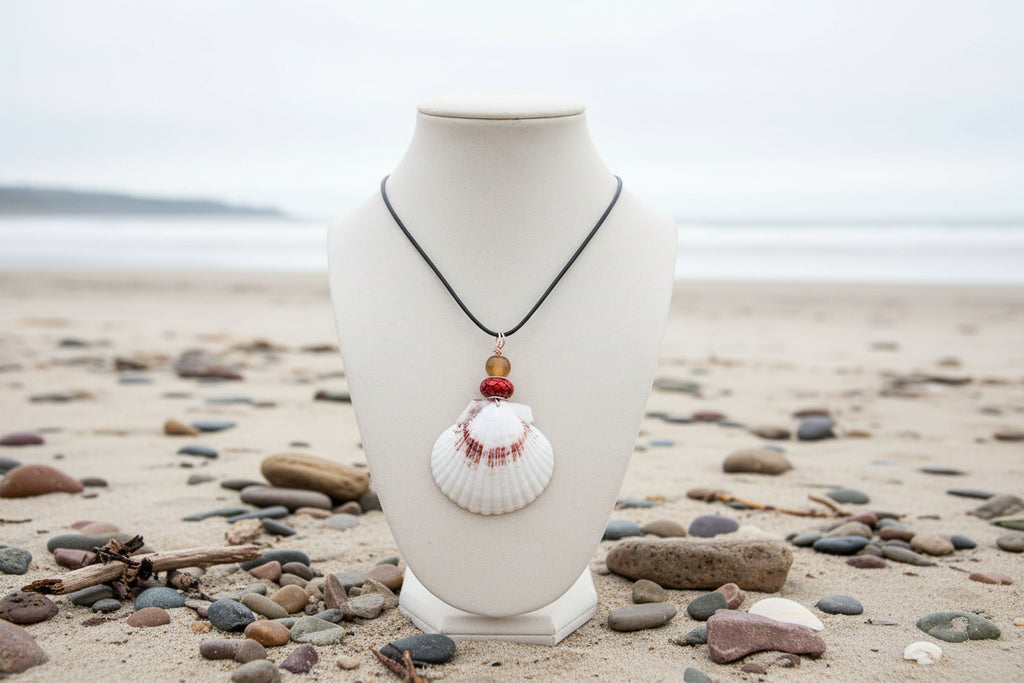 Ruby Shores - White Scallop Shell & Red Bead Necklace