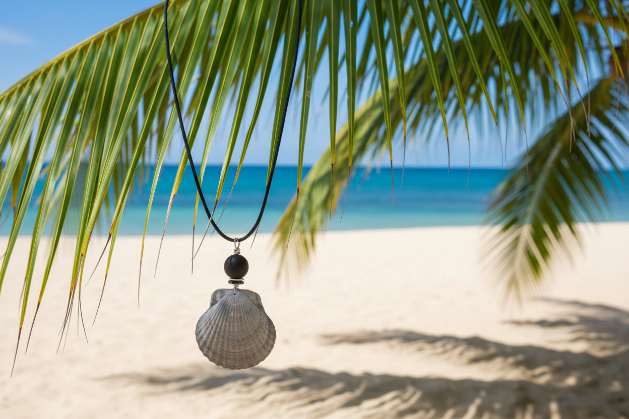 Storm Shadow - Gray Scallop Shell & Black Bead Necklace