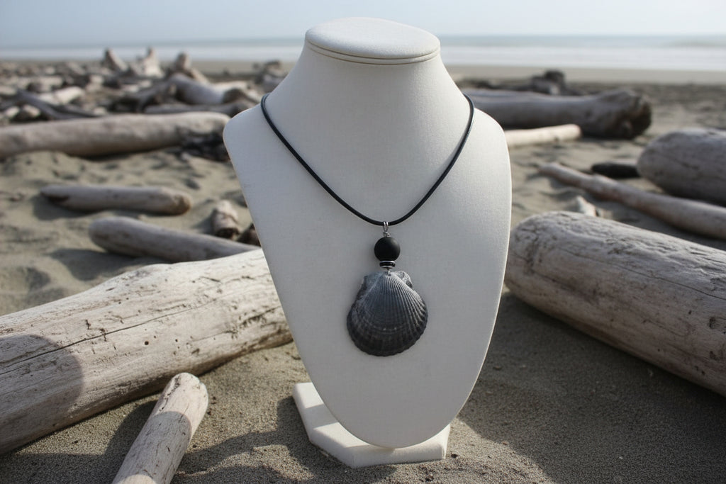 Storm Shadow - Gray Scallop Shell & Black Bead Necklace