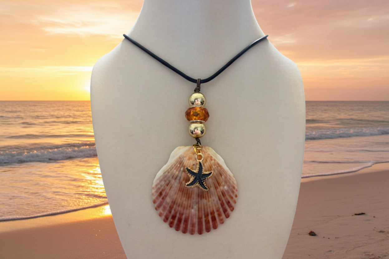 Amber Starlight - Calico Scallop, Amber & Starfish Necklace