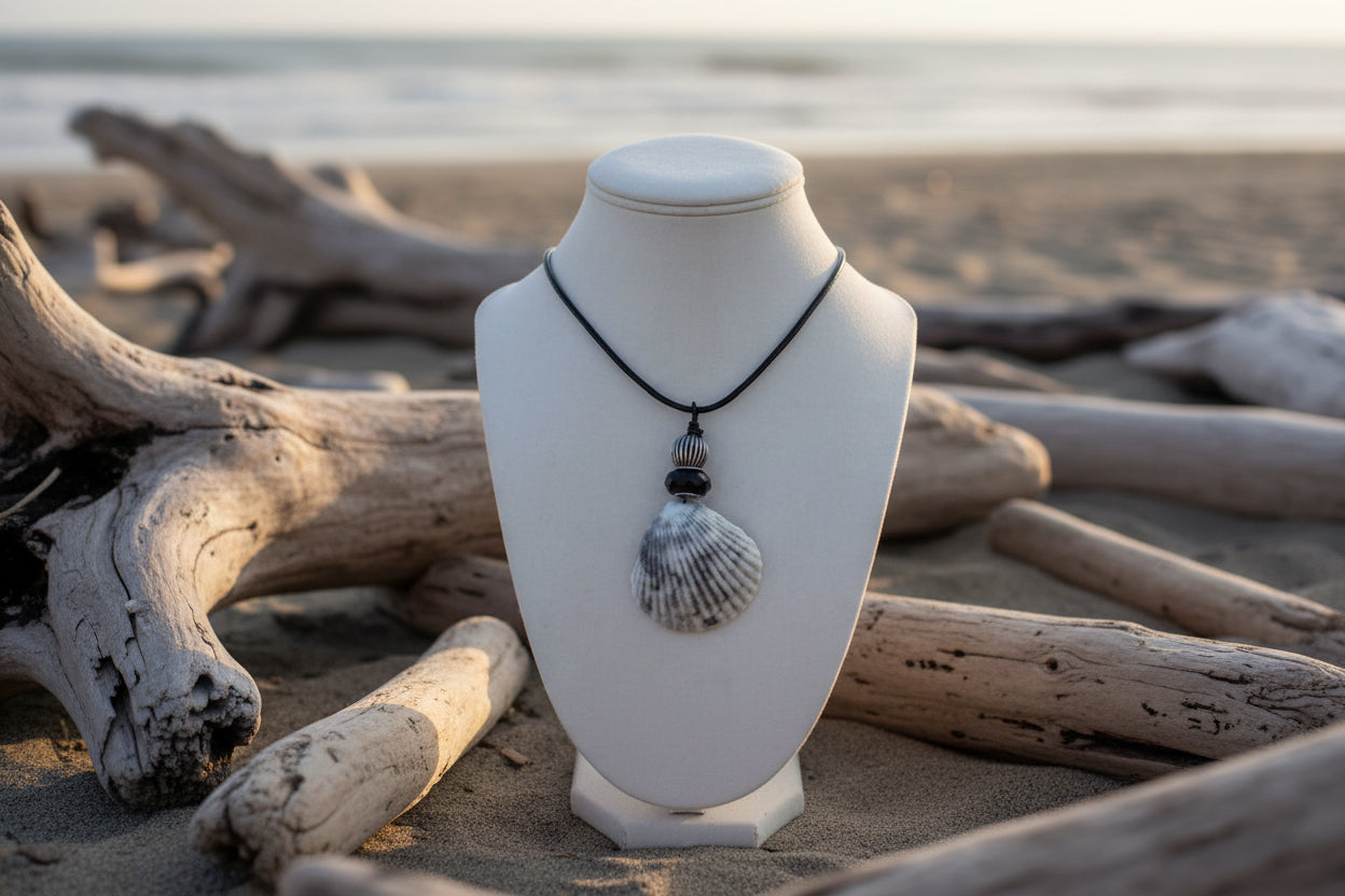 Midnight Shores - Calico Scallop & Black Bead Necklace
