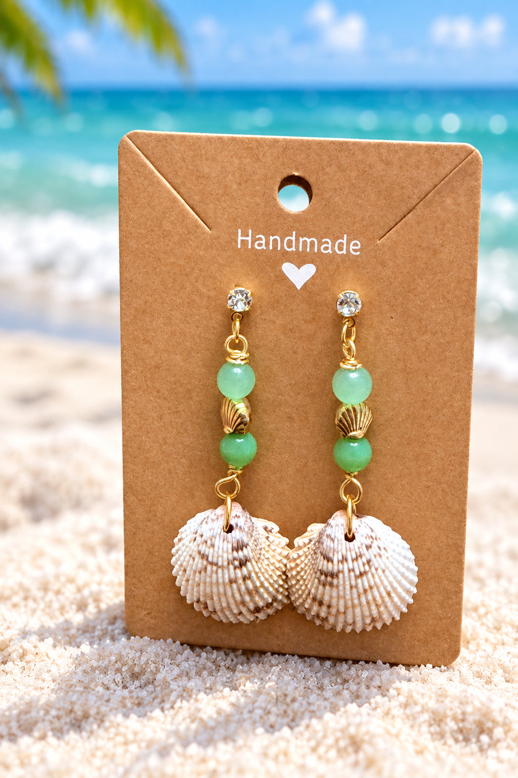 Shell drop earrings with green beads and gold-tone shell accents