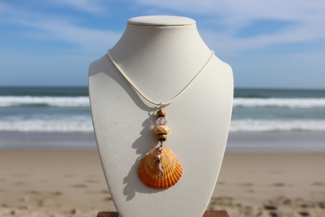 Seahorse Shores - Orange Scallop Shell & Wood Bead Necklace