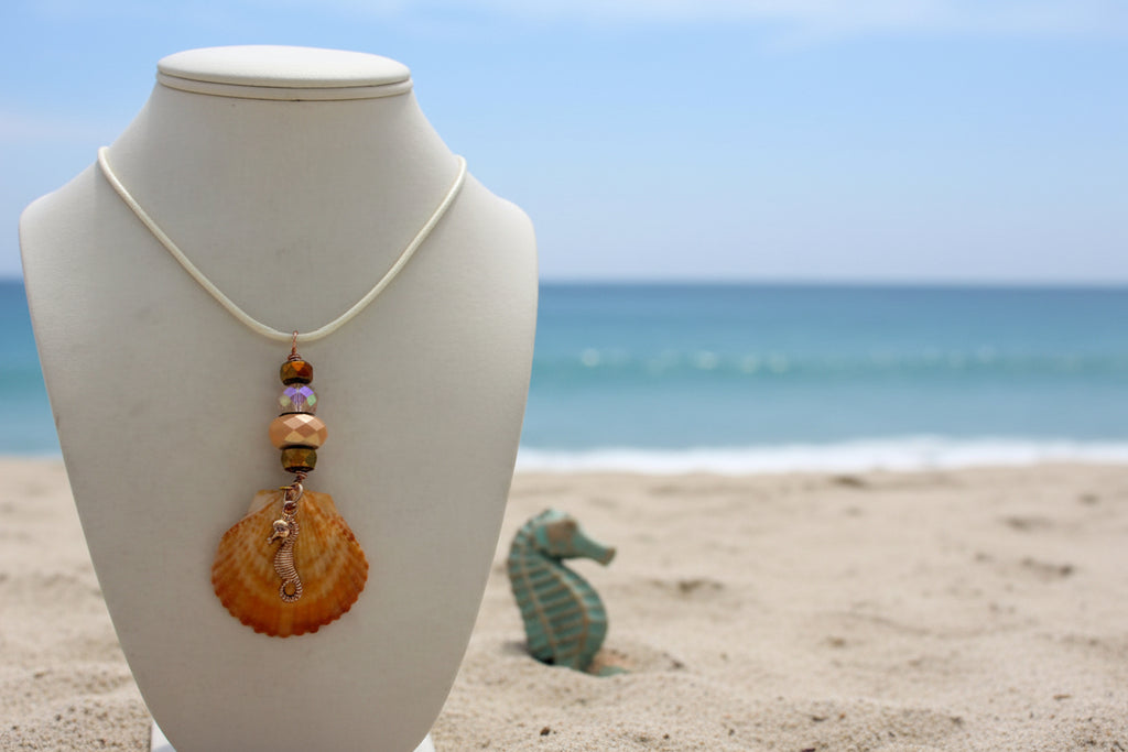 Seahorse Shores - Orange Scallop Shell & Wood Bead Necklace