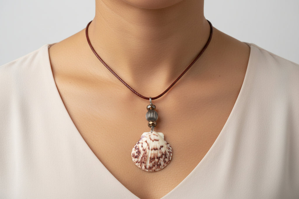 Rustic Beauty - Calico Scallop Shell & Bronze Bead Necklace