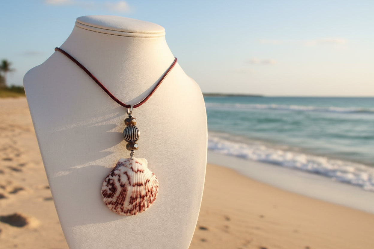 Rustic Beauty - Calico Scallop Shell & Bronze Bead Necklace