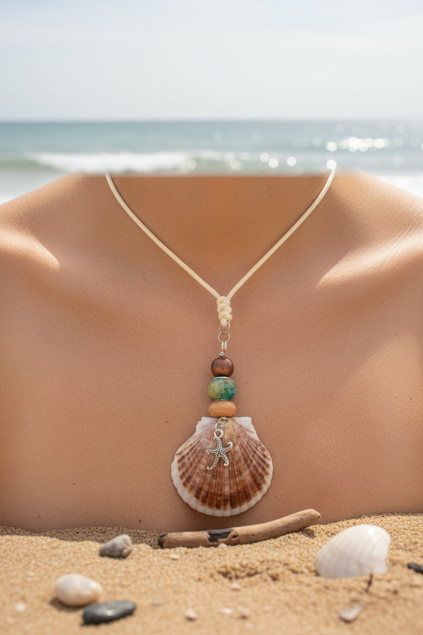 Coastal Serenity - Scallop Shell & Turquoise Bead Necklace