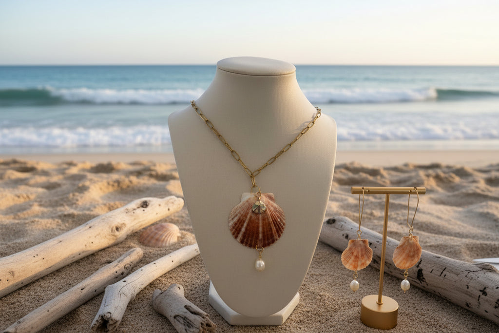 Sultry Scallop Shell Gold Pearl Drop Jewelry Set