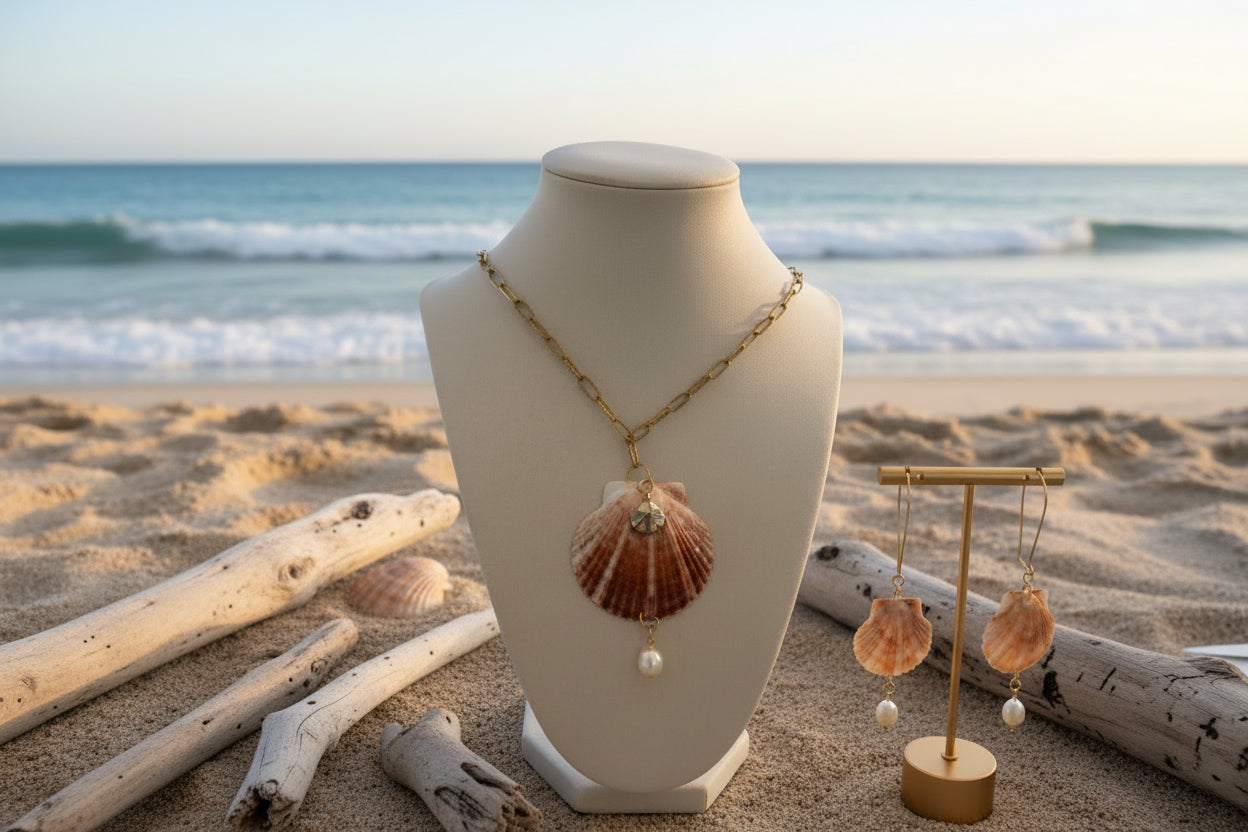 Sultry Scallop Shell Gold Pearl Drop Jewelry Set