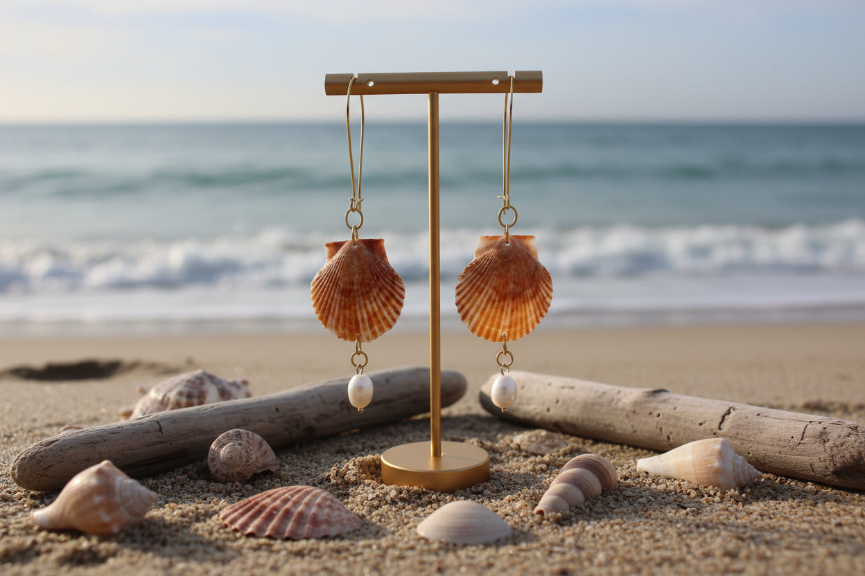 Sultry Scallop Shell Gold Pearl Drop Jewelry Set