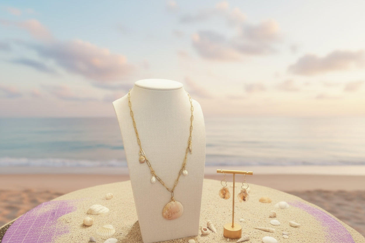 Classy Evening Showstopper Scallop Shell Gold Chain Pearl Jewelry Set