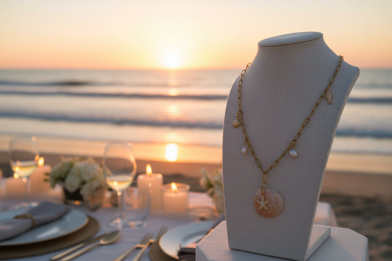 Classy Evening Showstopper Scallop Shell Gold Chain Pearl Jewelry Set