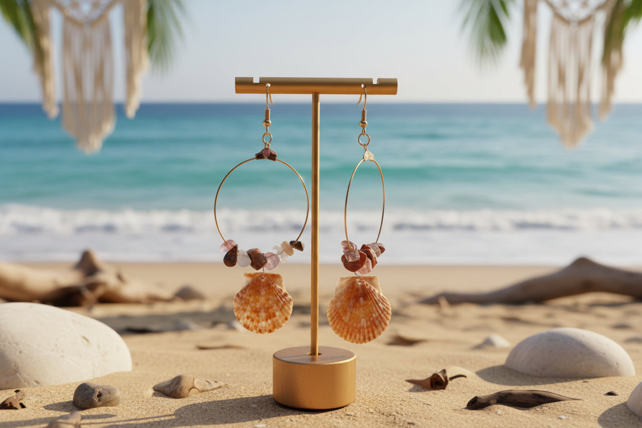 Boho Double Scallop Shell Copper Wire Earring and Necklace Jewelry Set