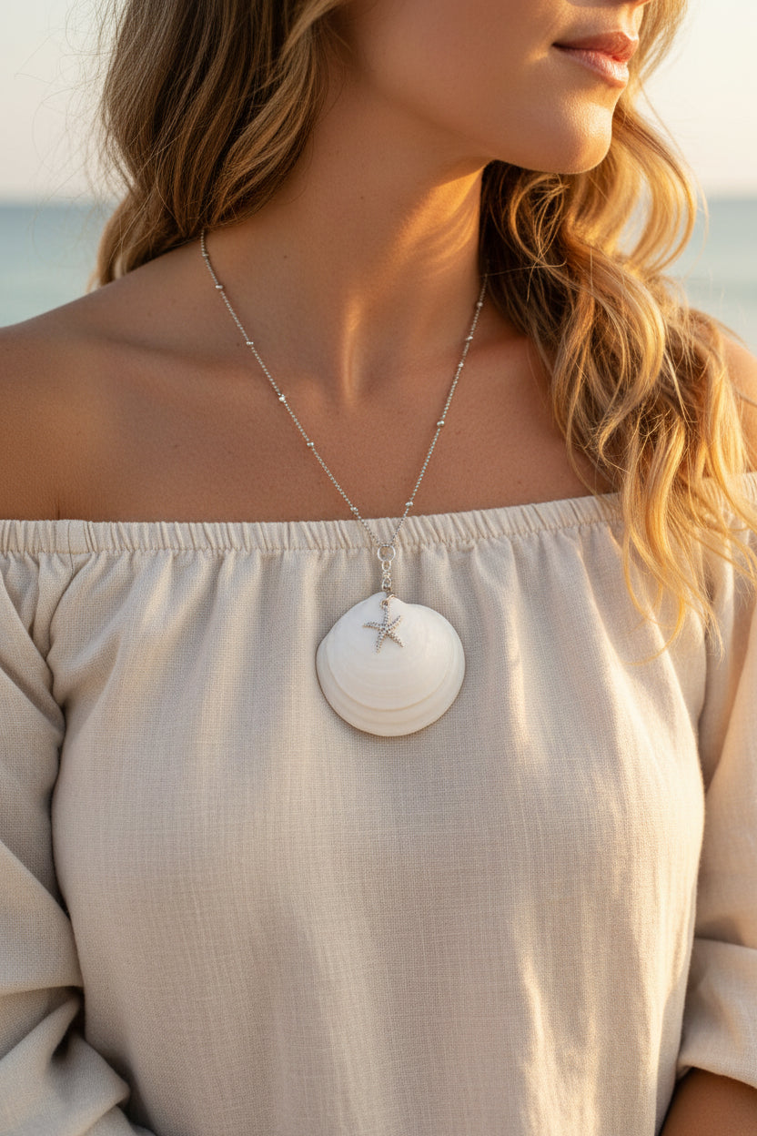 White Sand Starfish Shell Pendant – Handmade Coastal Beach Jewelry