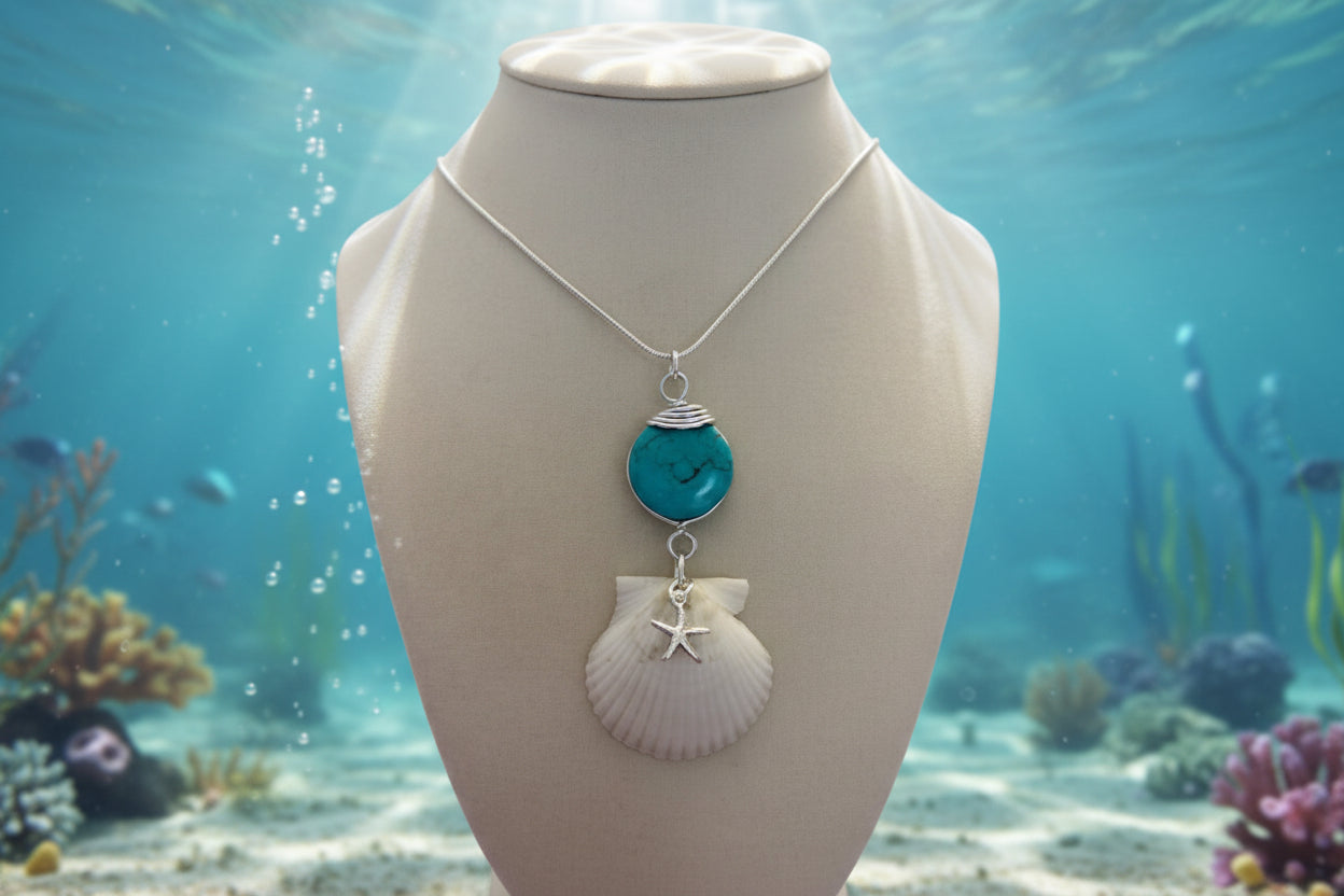 Turquoise Waters Shell & Starfish Necklace – Handmade Coastal Beach Jewelry