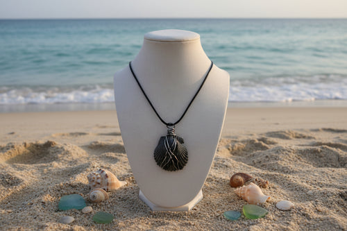 Bold in Black Scallop Shell Silver Wire Wrapped Necklace