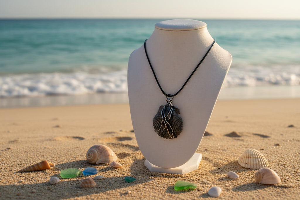 Bold in Black Scallop Shell Silver Wire Wrapped Necklace