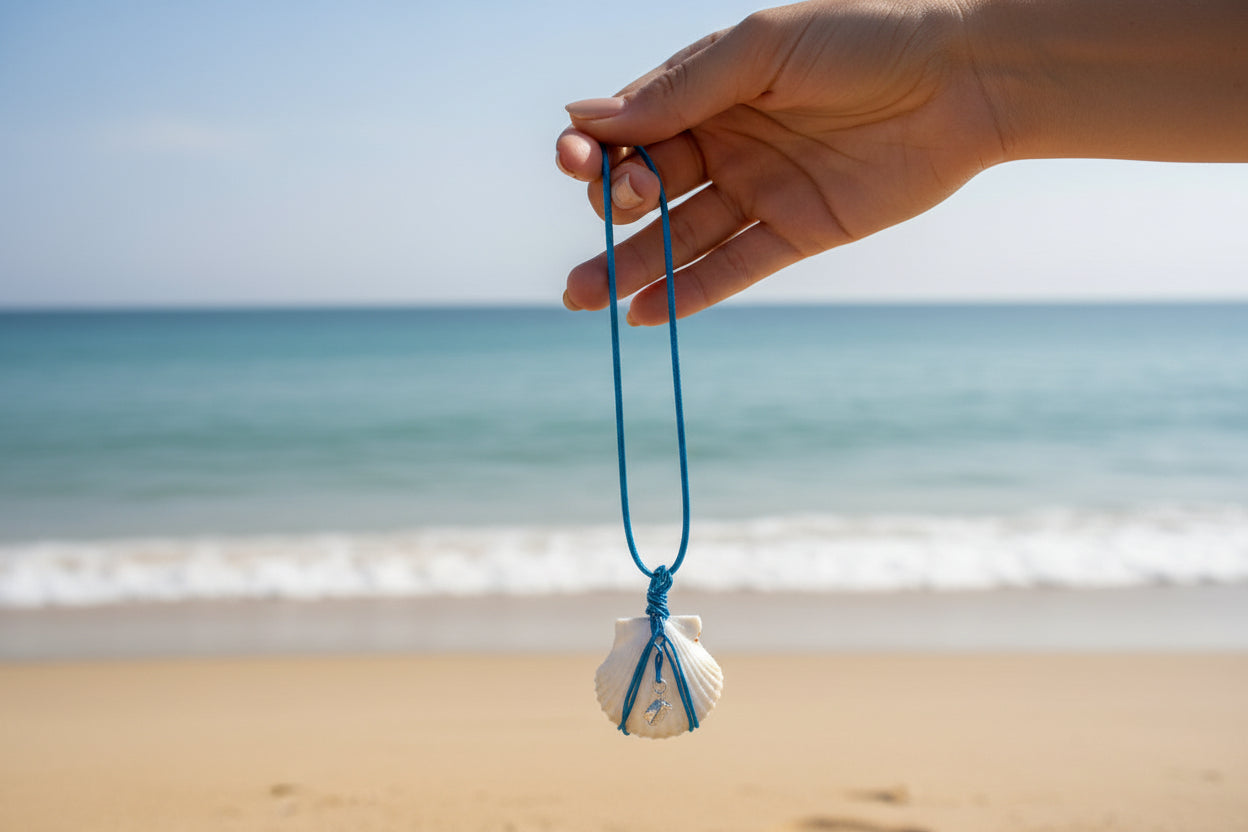 Bold Blue Treasure Scallop Shell Blue Cord Necklace