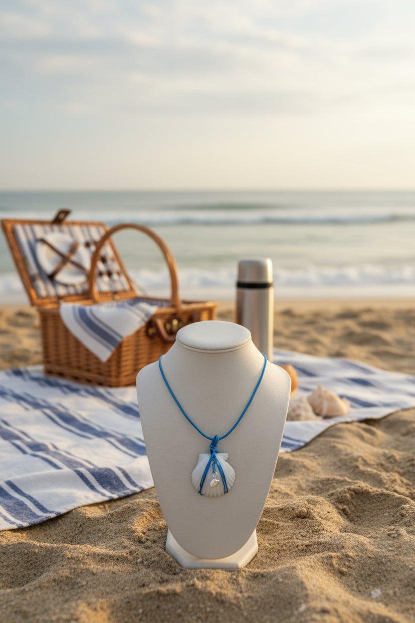 Bold Blue Treasure Scallop Shell Blue Cord Necklace