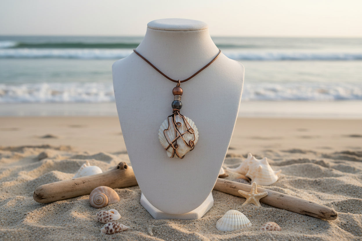 Romantic Embrace Beaded Wire-Wrapped Beach Stone  Necklace