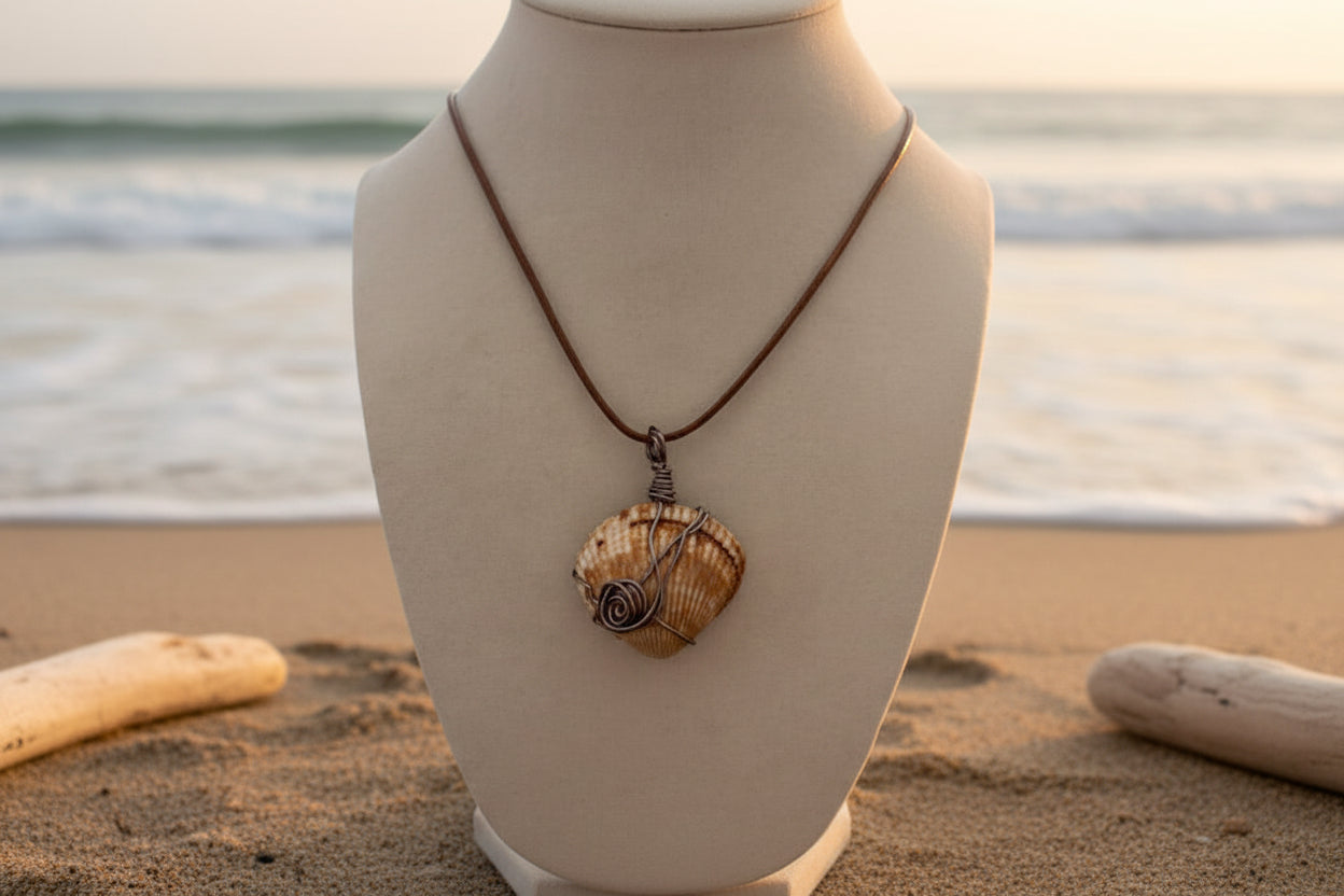 Boho Bronzed Spiral Wire-Wrapped Seashell Necklace