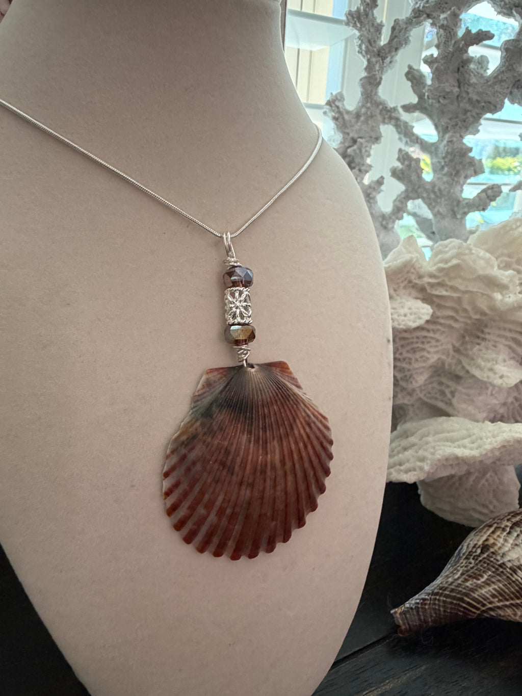 Sundown on the Gulf – Calico Scallop Shell Pendant Necklace