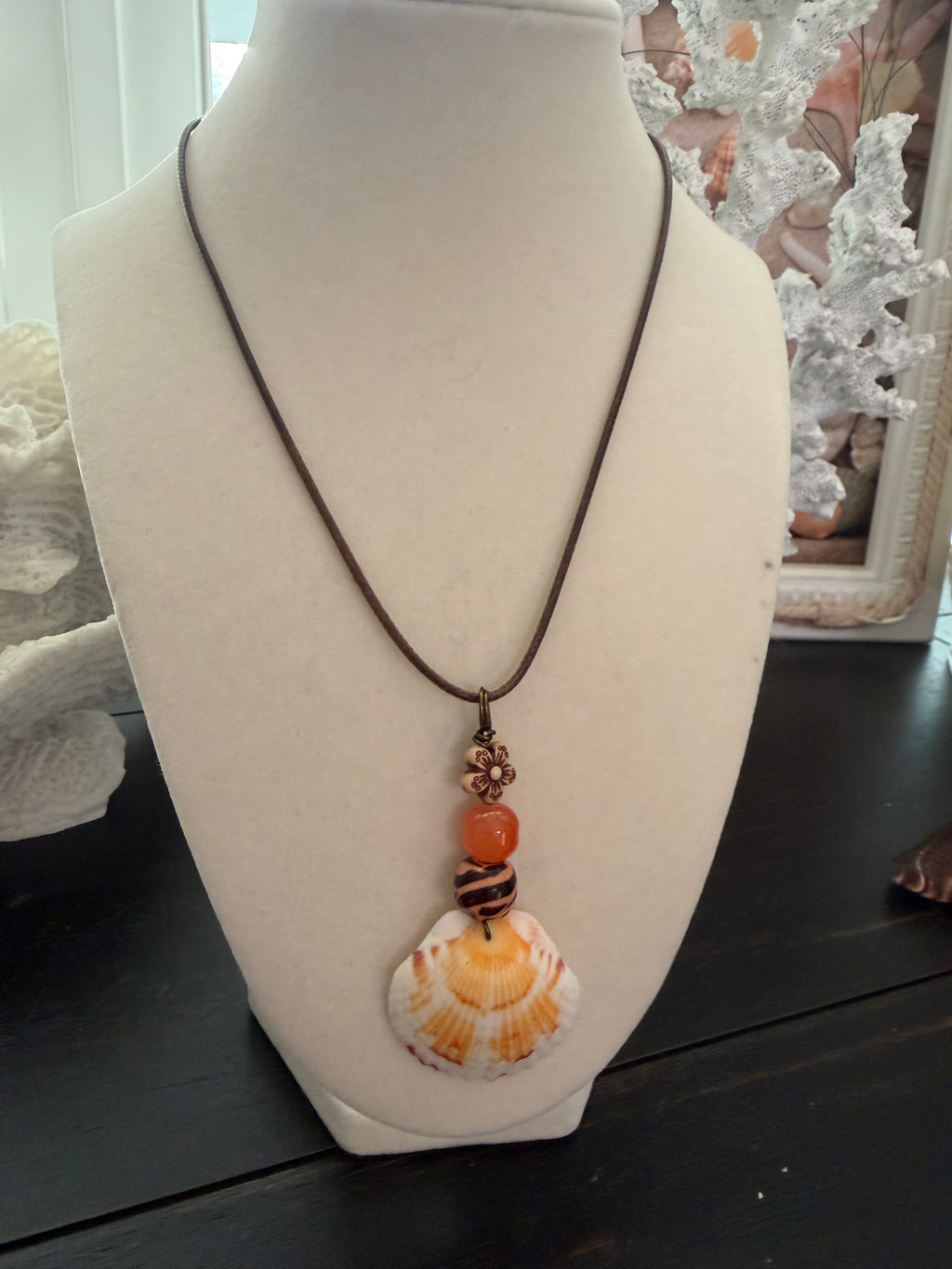 Sunbaked Scallop Carnelian Boho Leather Cord Necklace