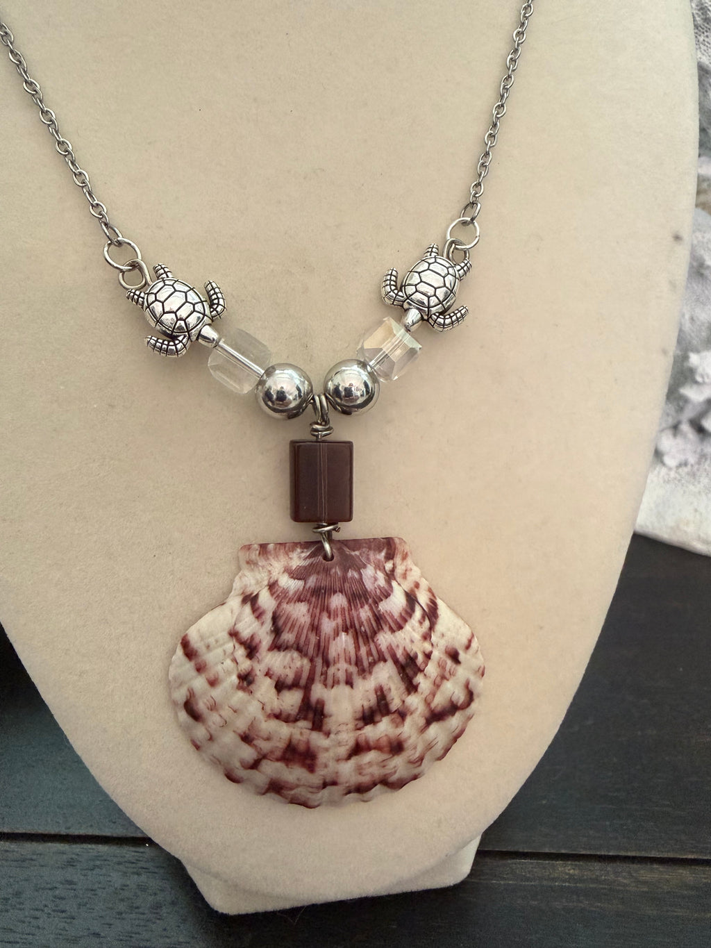 Twin Turtles Calico Scallop Stainless Steel Chain Necklace