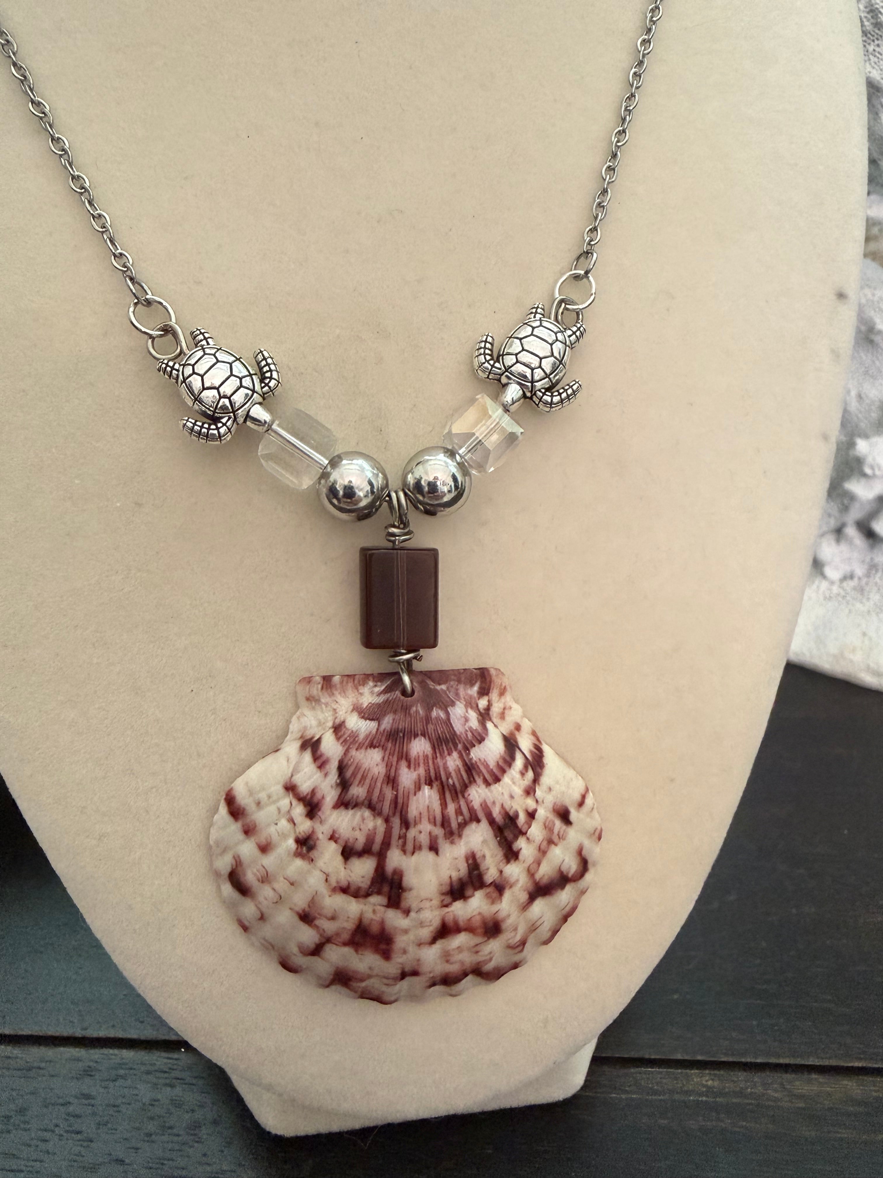 Twin Turtles Calico Scallop Stainless Steel Chain Necklace