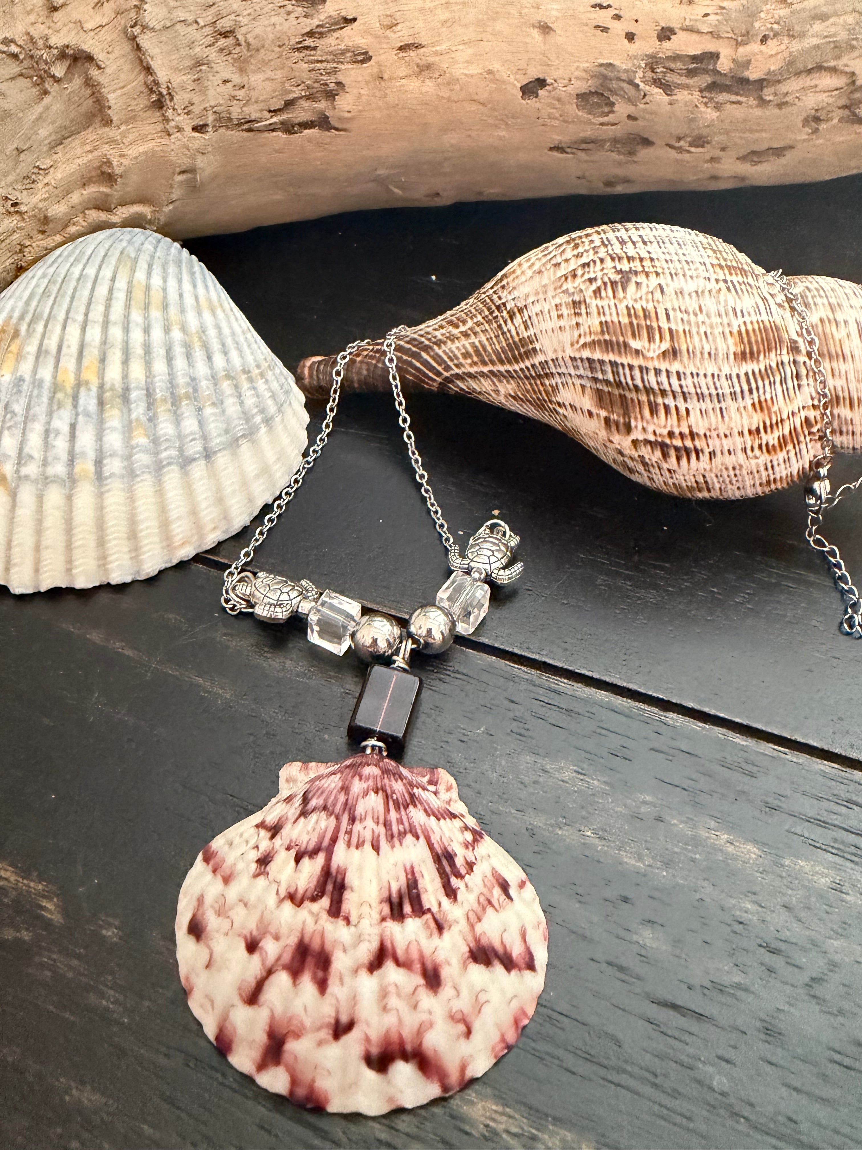 Twin Turtles Calico Scallop Stainless Steel Chain Necklace