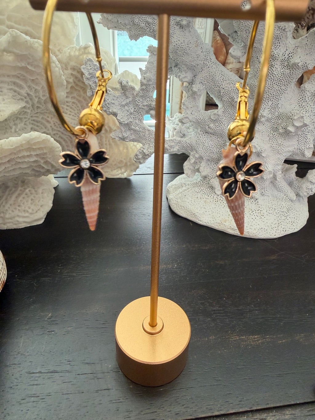 Midnight Bloom Auger Shell Gold Hoop Earrings