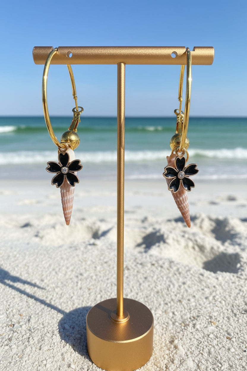 Midnight Bloom Auger Shell Gold Hoop Earrings