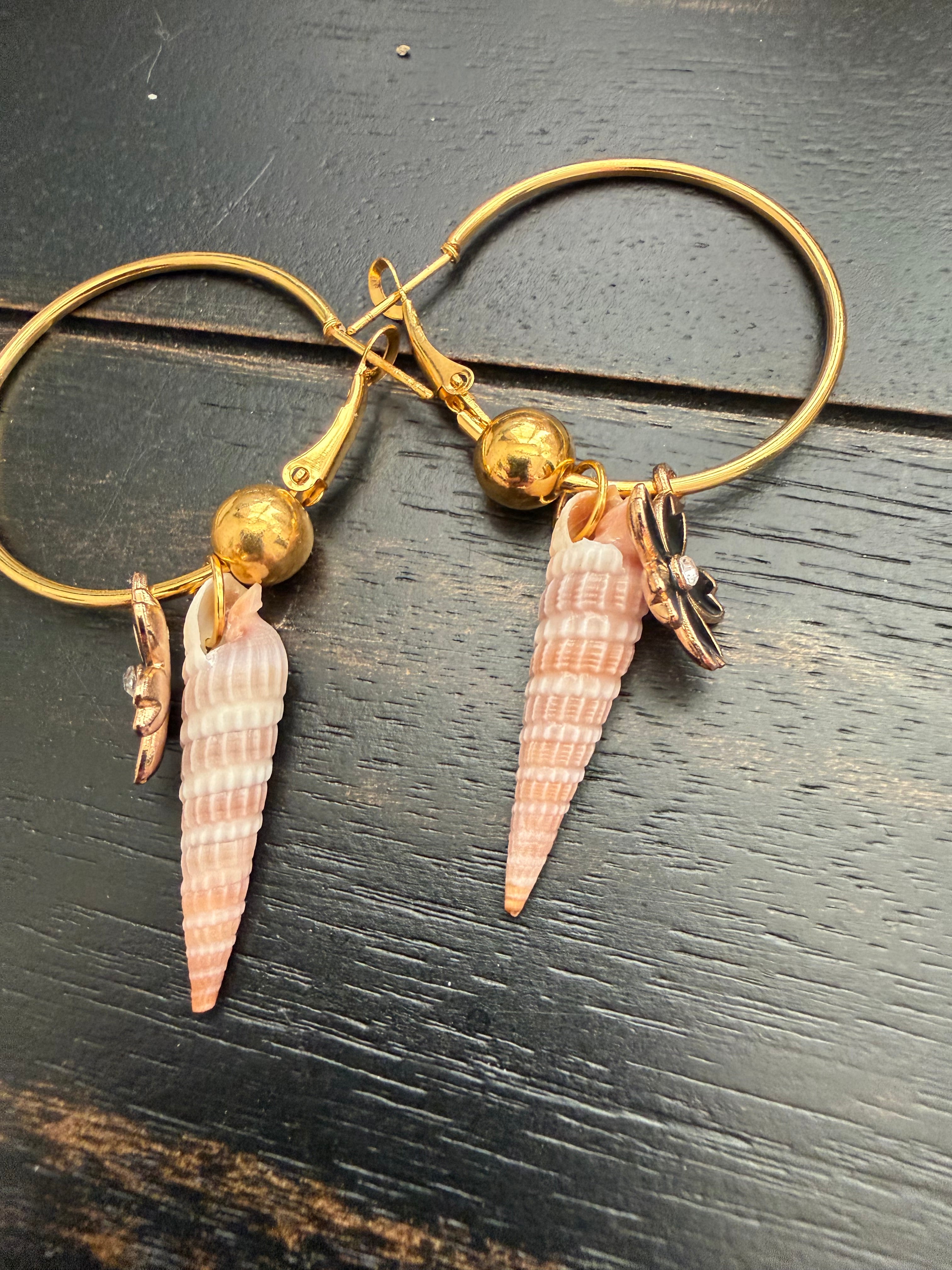 Midnight Bloom Auger Shell Gold Hoop Earrings