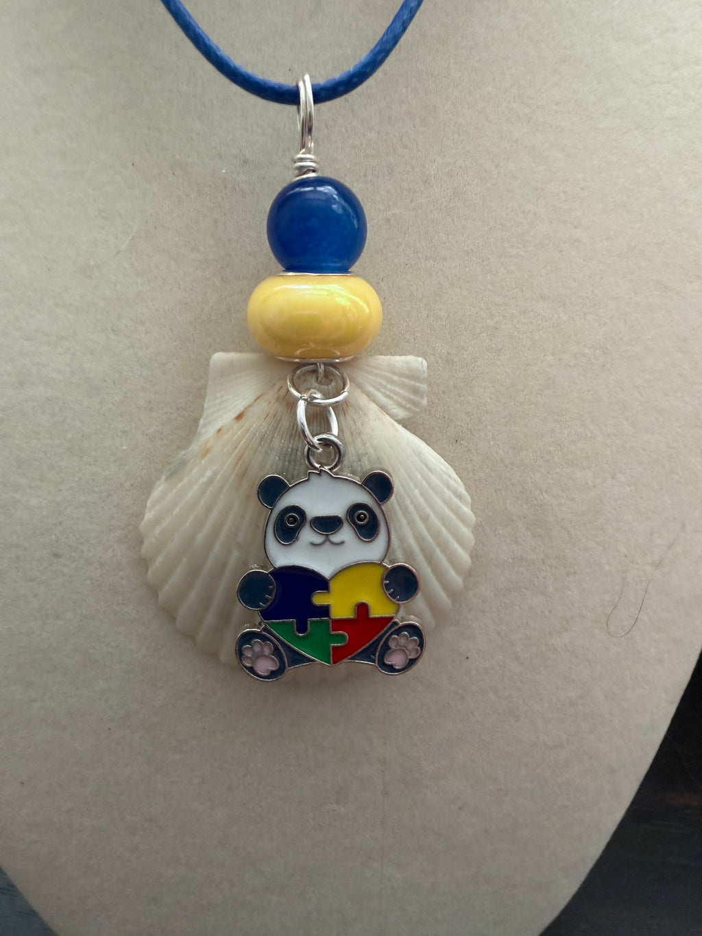 Playful Pandy Autism Awareness Calico Scallop Shell Necklace