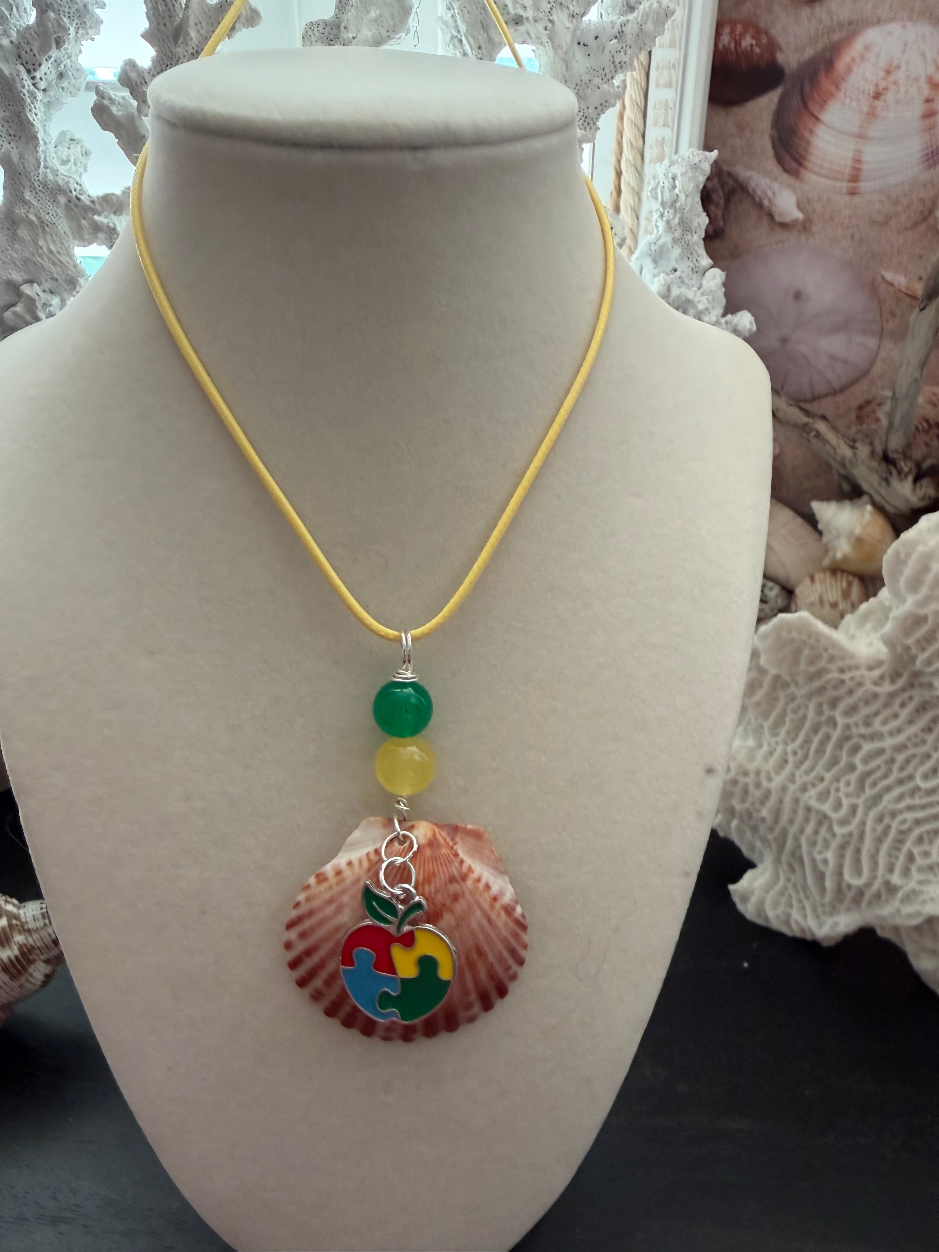 Teacher's Tide Autism Awareness Puzzle Apple Calico Scallop Shell Necklace