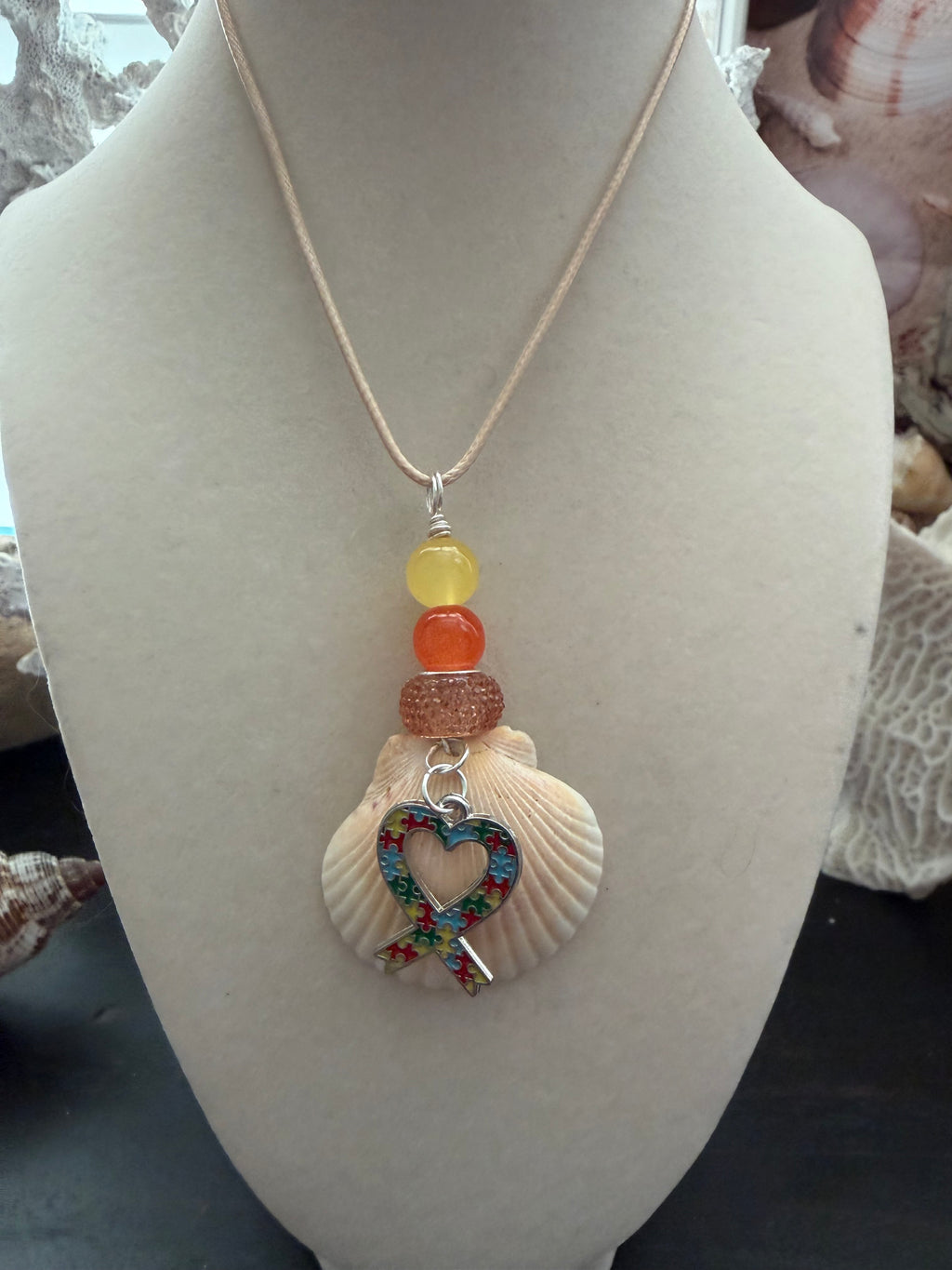 Sunrise Hope Autism Awareness Ribbon Heart Calico Scallop Shell Necklace