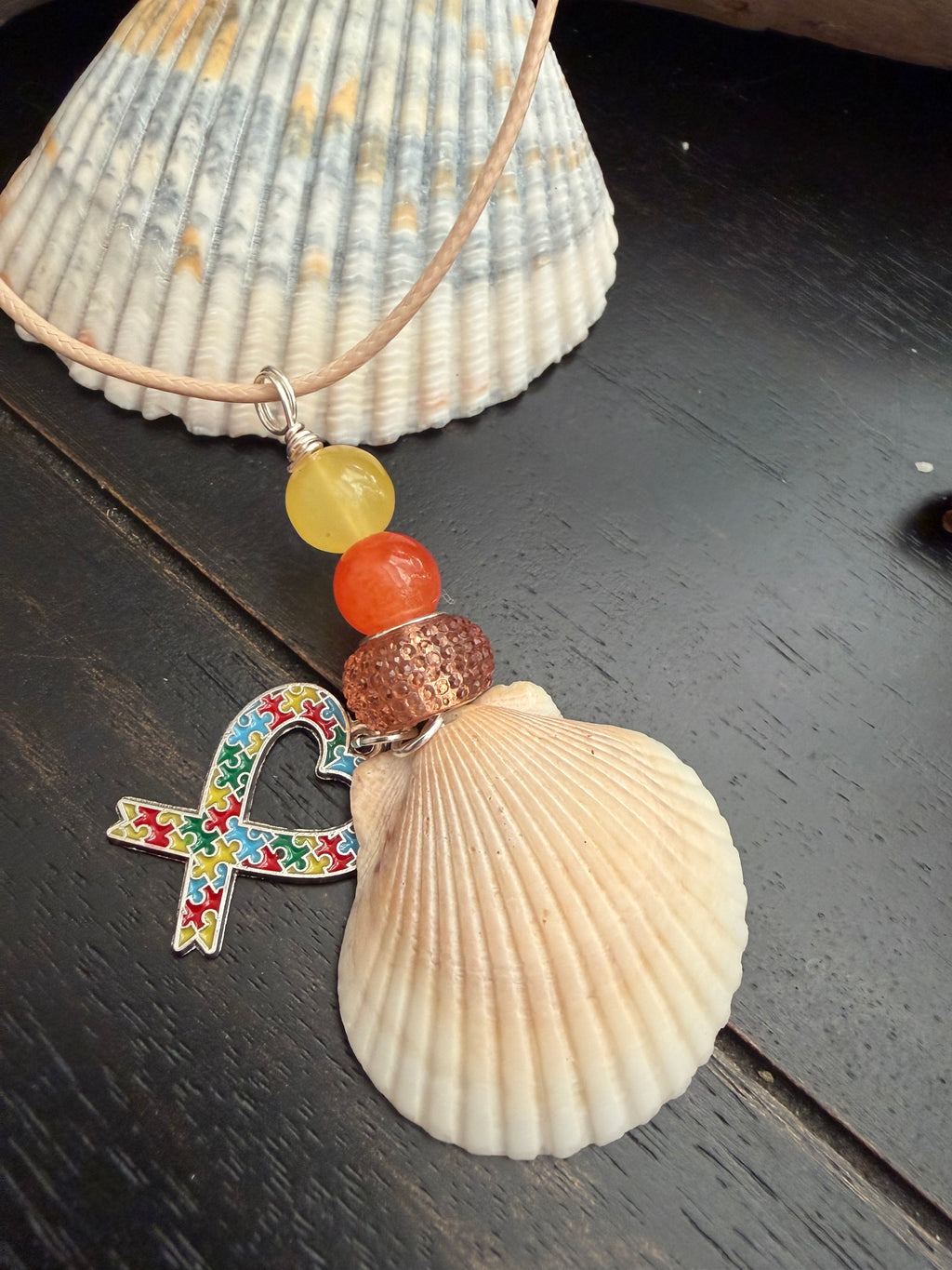 Sunrise Hope Autism Awareness Ribbon Heart Calico Scallop Shell Necklace