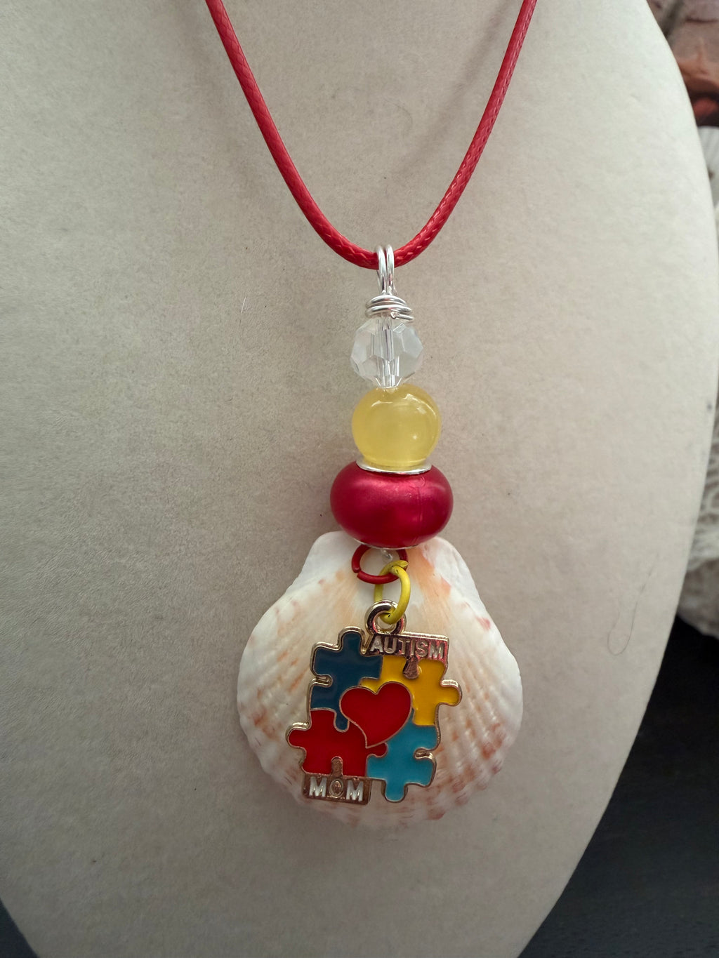 Autism Mom Puzzle Heart Calico Scallop Shell Necklace