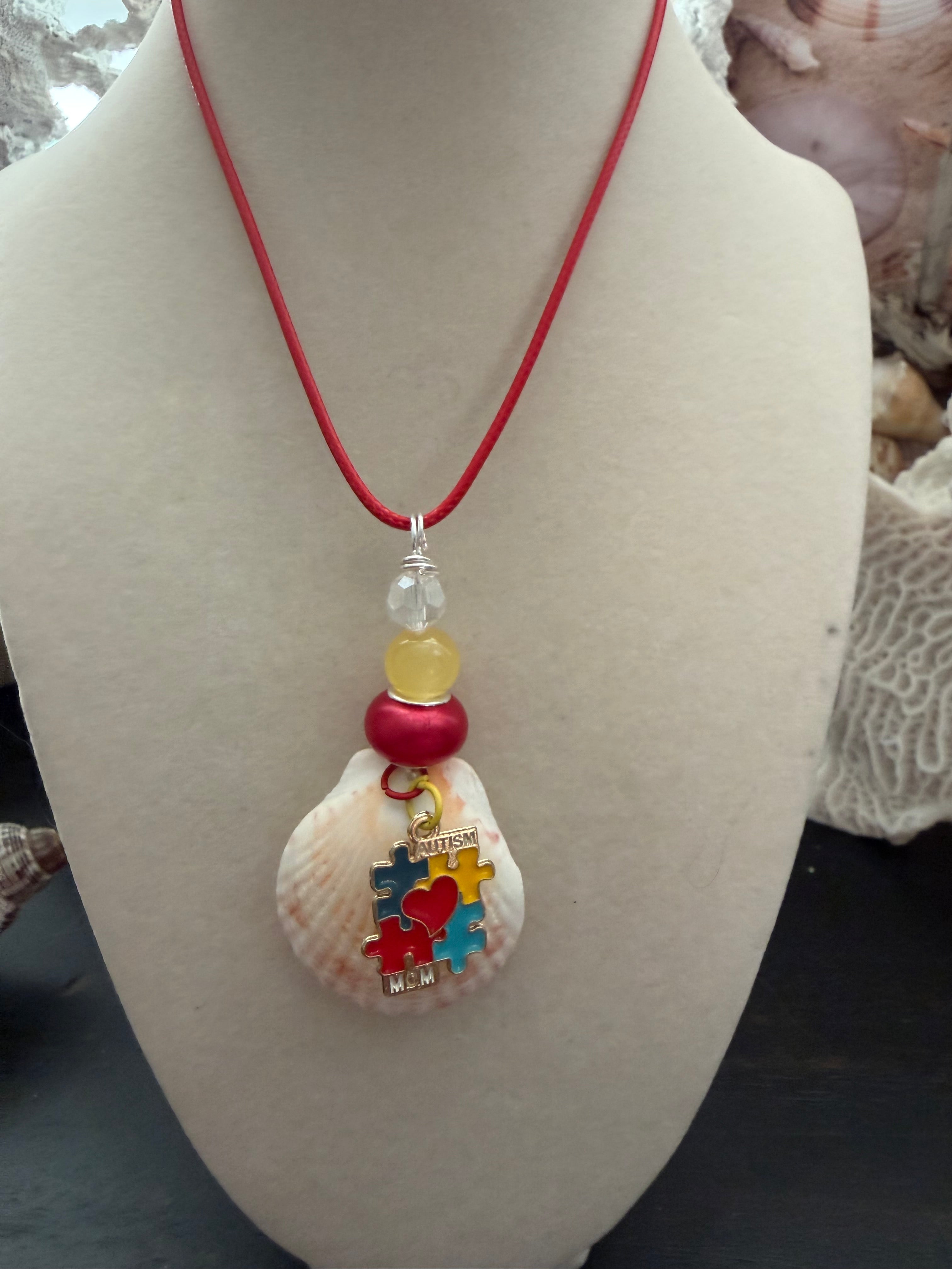 Autism Mom Puzzle Heart Calico Scallop Shell Necklace