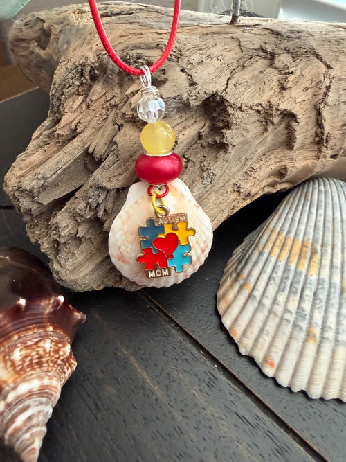 Autism Mom Puzzle Heart Calico Scallop Shell Necklace