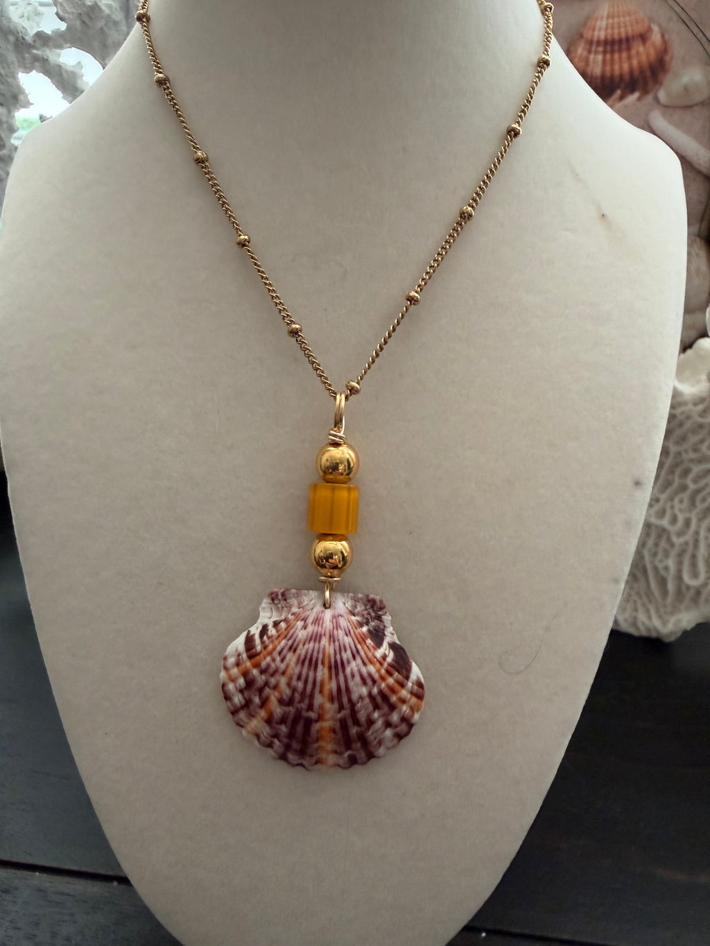 Sunny Tangerine Shore Calico Scallop Necklace
