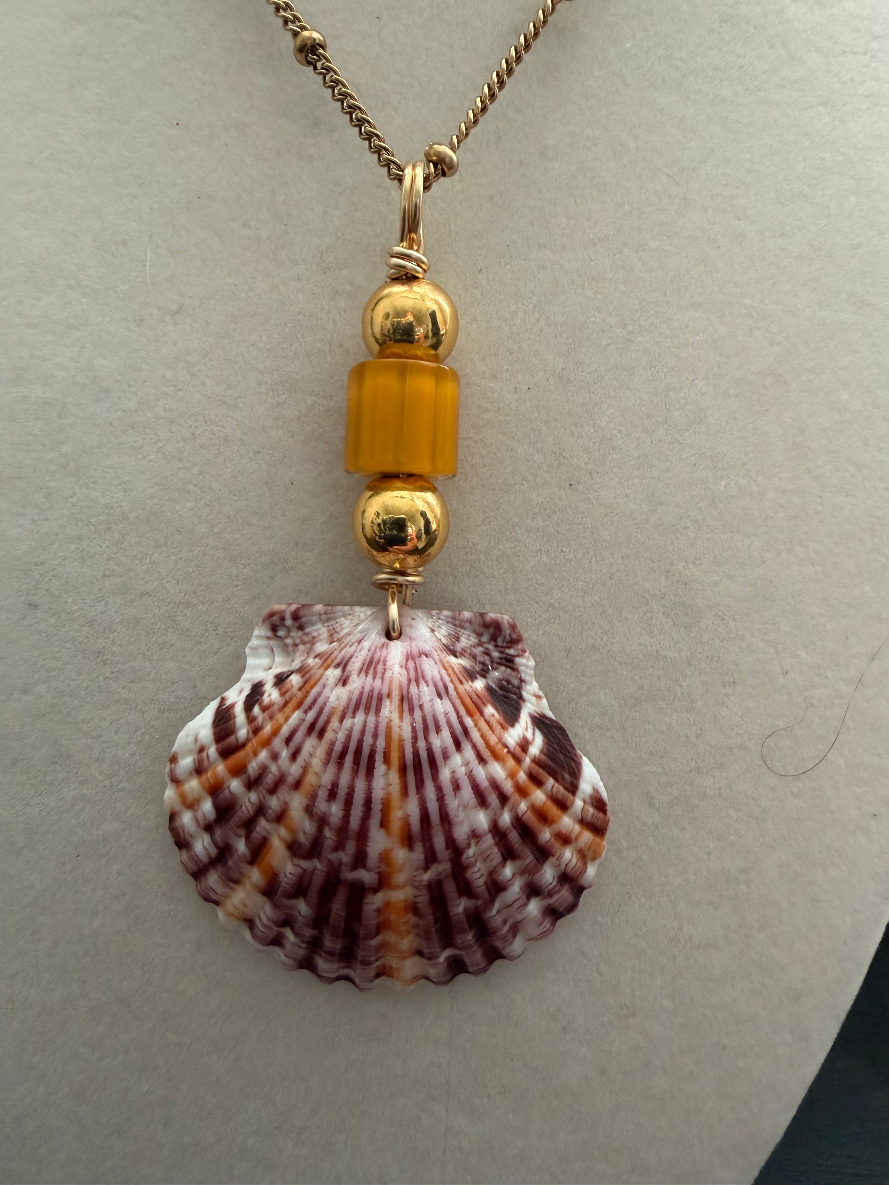 Sunny Tangerine Shore Calico Scallop Necklace