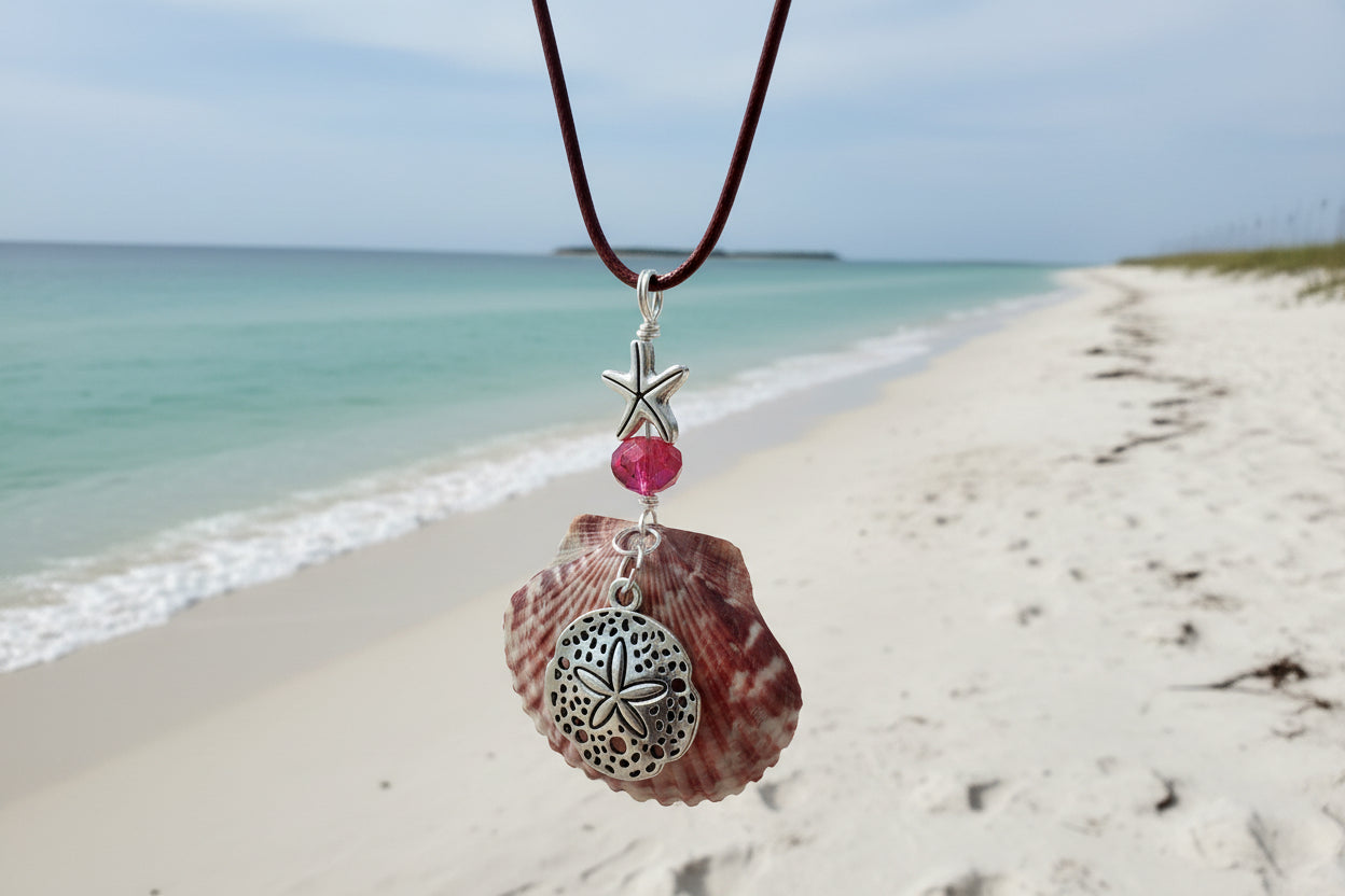 Charming Crimson Pink Calico Scallop Necklace