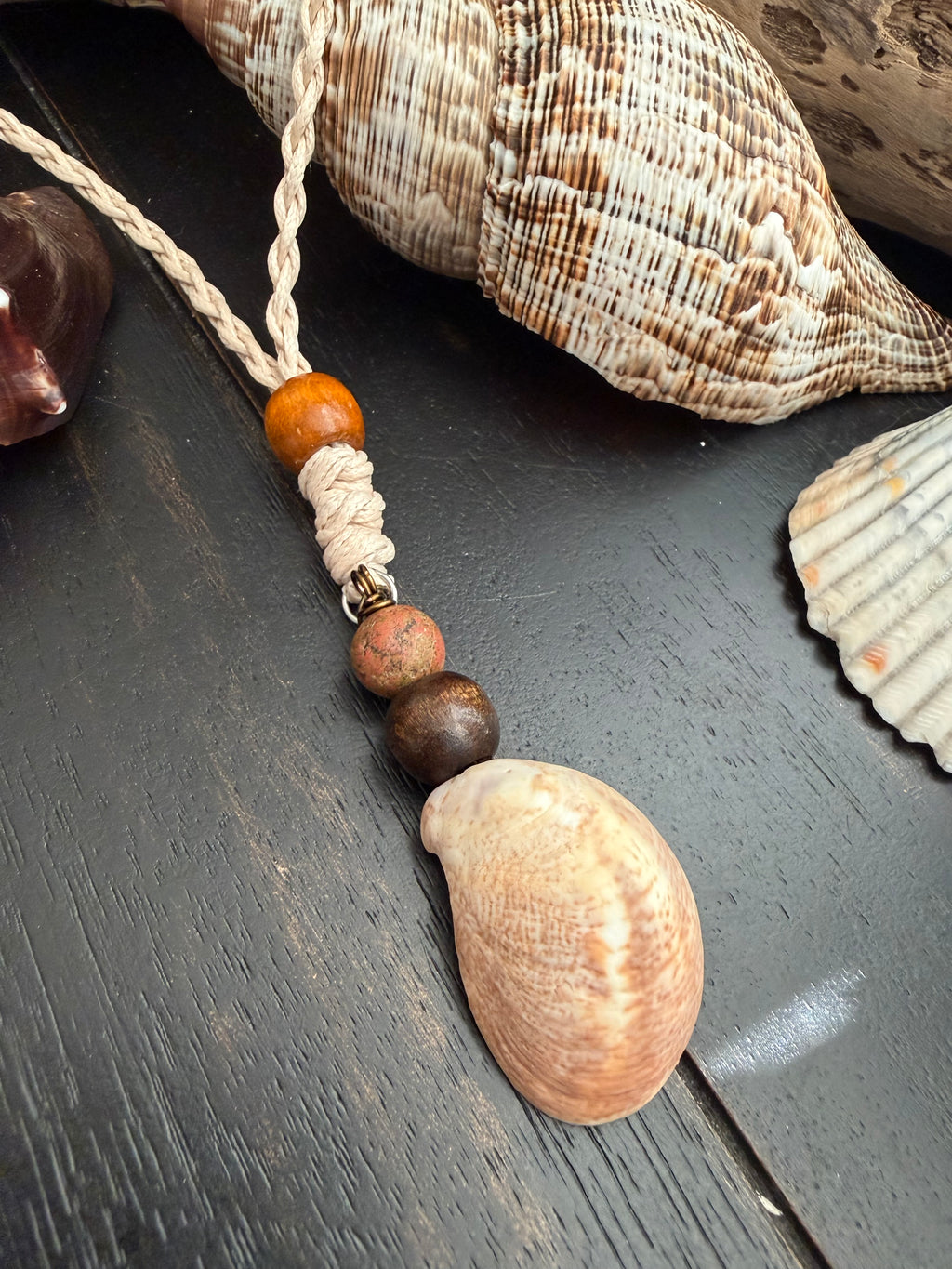 Dagwood the Driftwood Slipper Shell Macramé Necklace